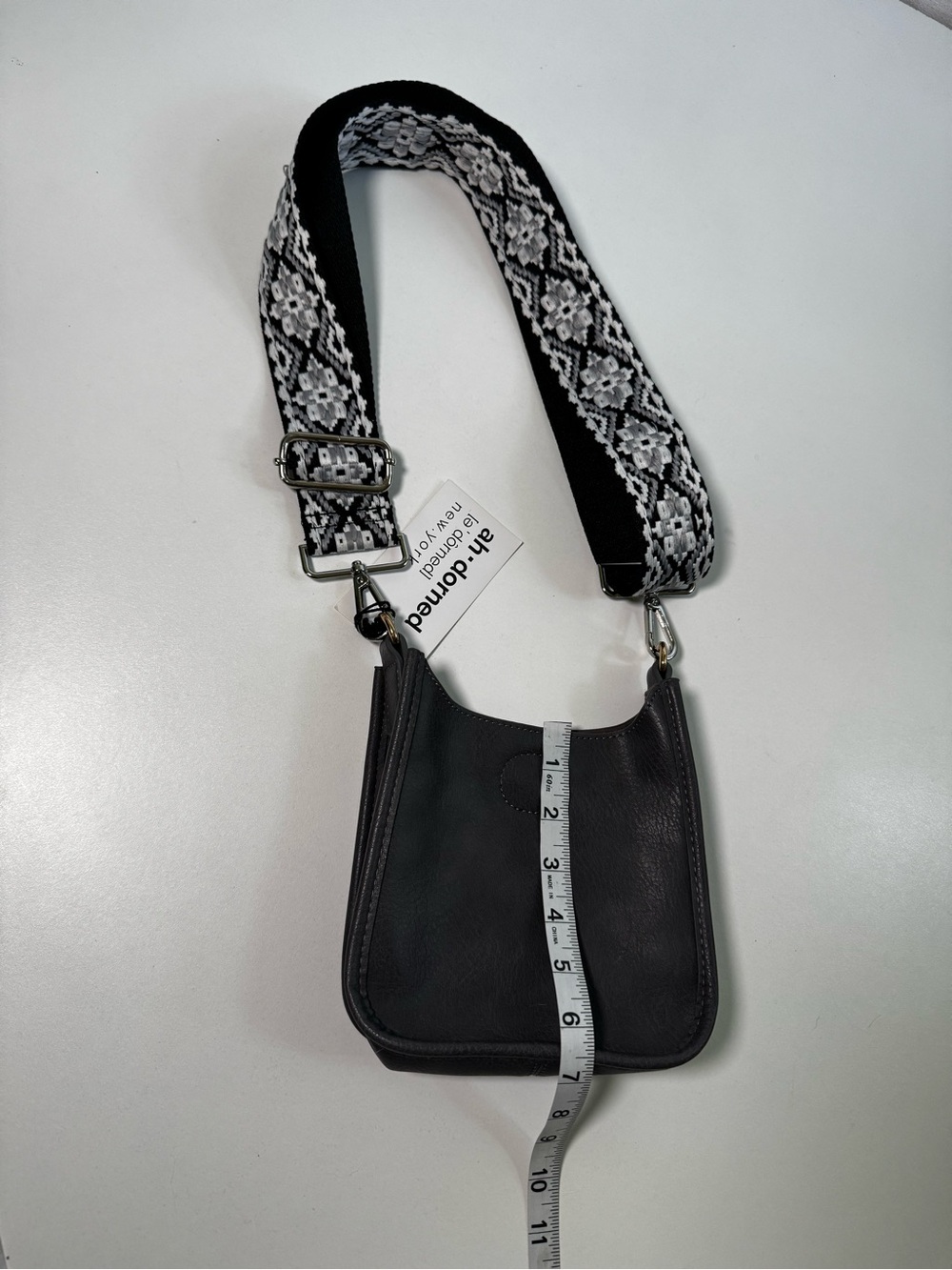 ah-dorned Mini Messenger Bag in Gray Faux Leather with Geometric Strap – NWT